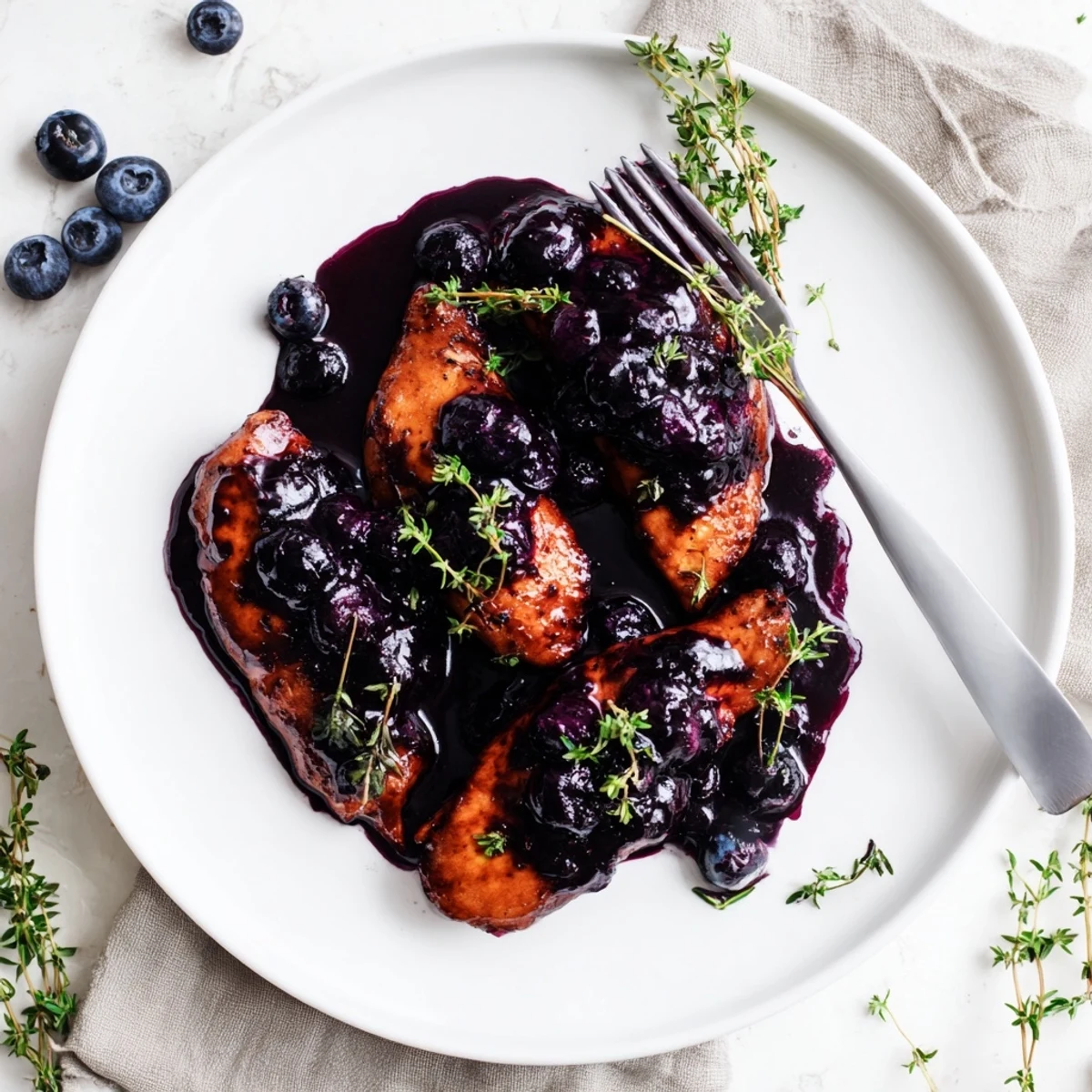 Golden seared chicken breasts topped with glossy blueberry thyme sauce drizzled over the plate