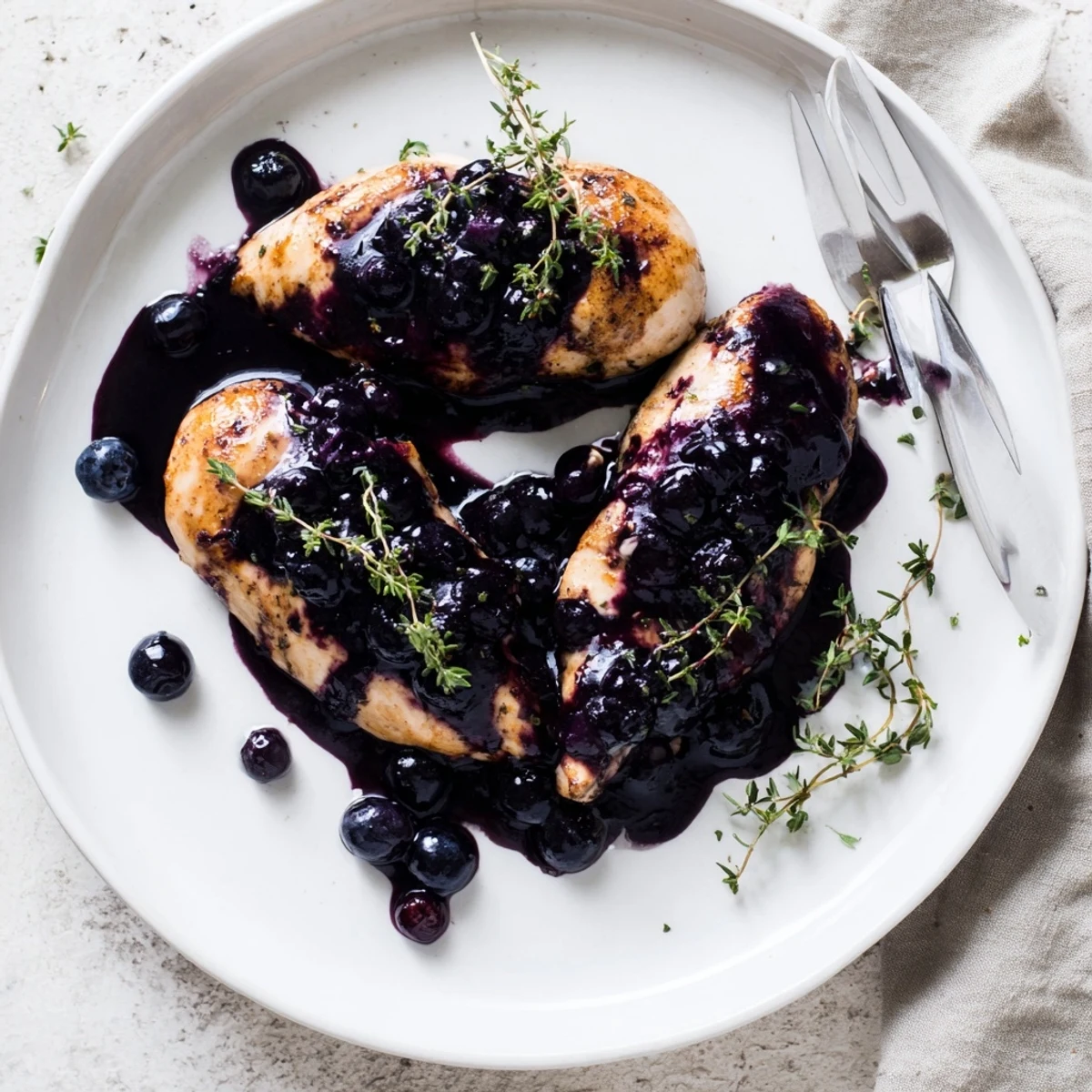 Succulent blueberry thyme chicken resting on white plate with savory dark berry sauce and herbs