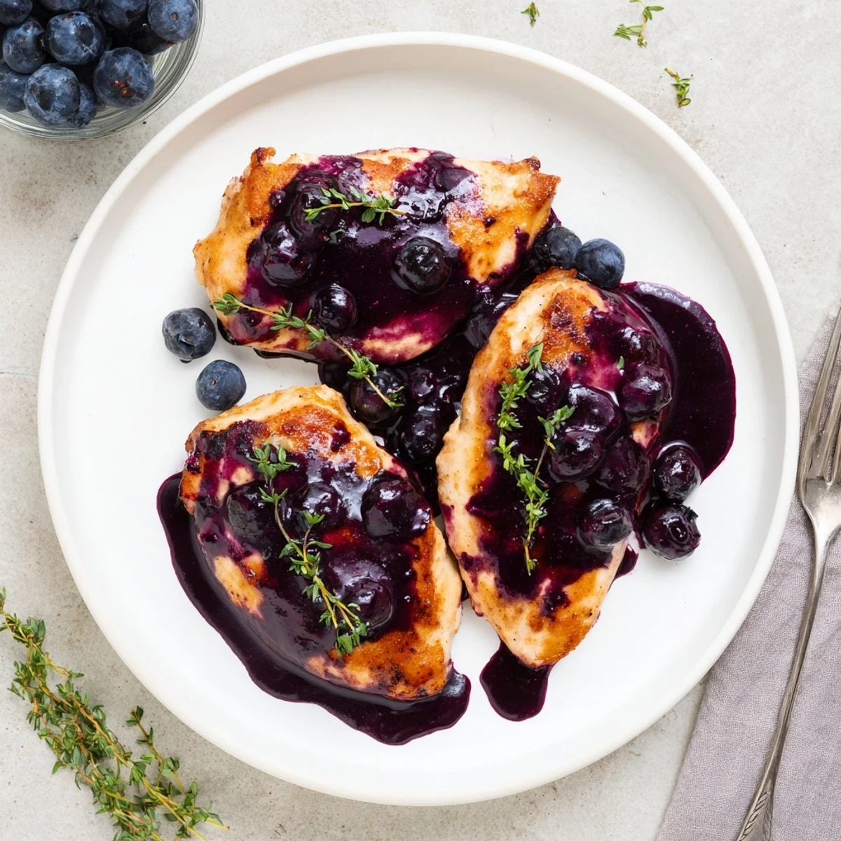 Pan-fried chicken pieces coated in rich purple blueberry sauce with fresh green thyme sprigs