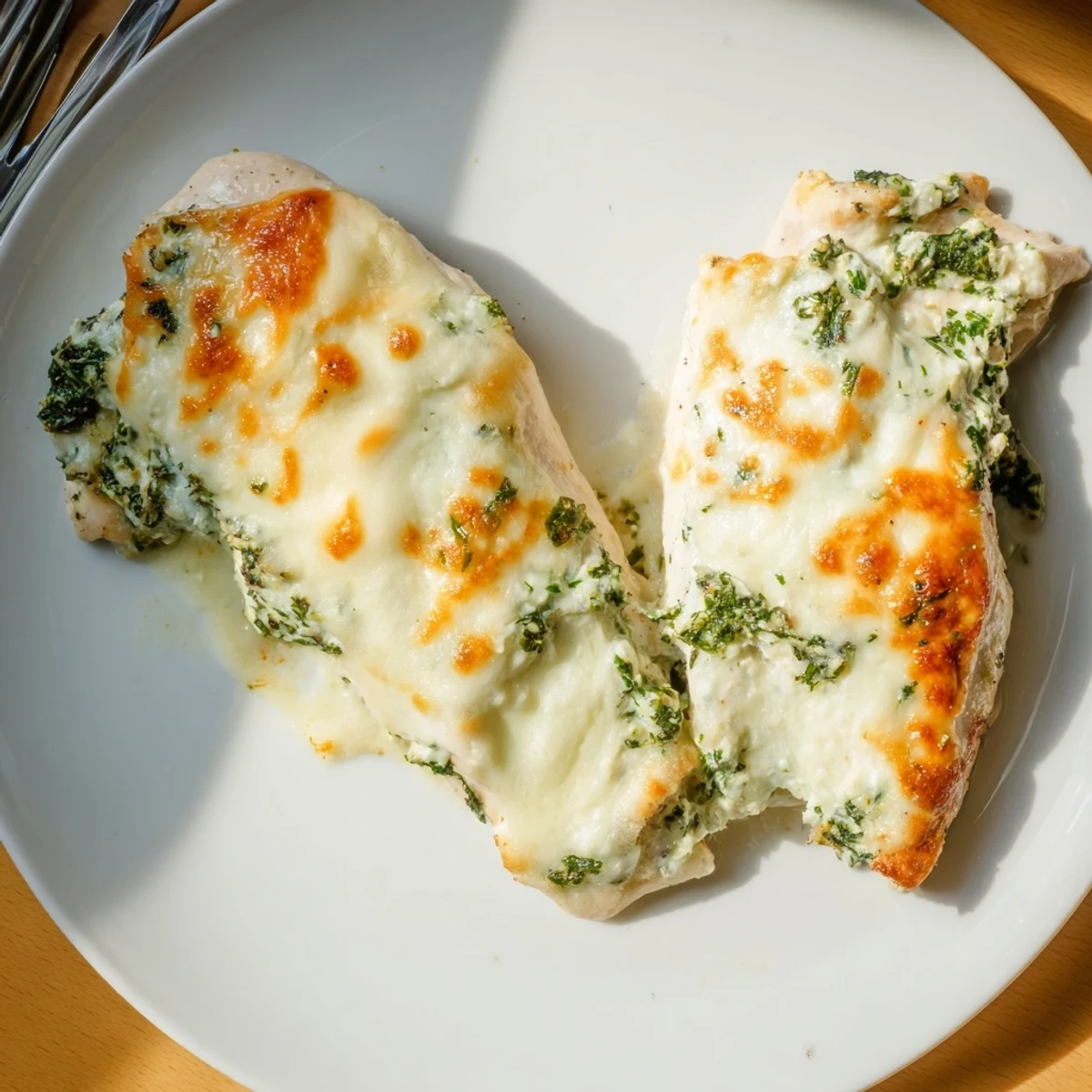 Golden baked creamy ricotta chicken bubbling with melted mozzarella and fresh herbs