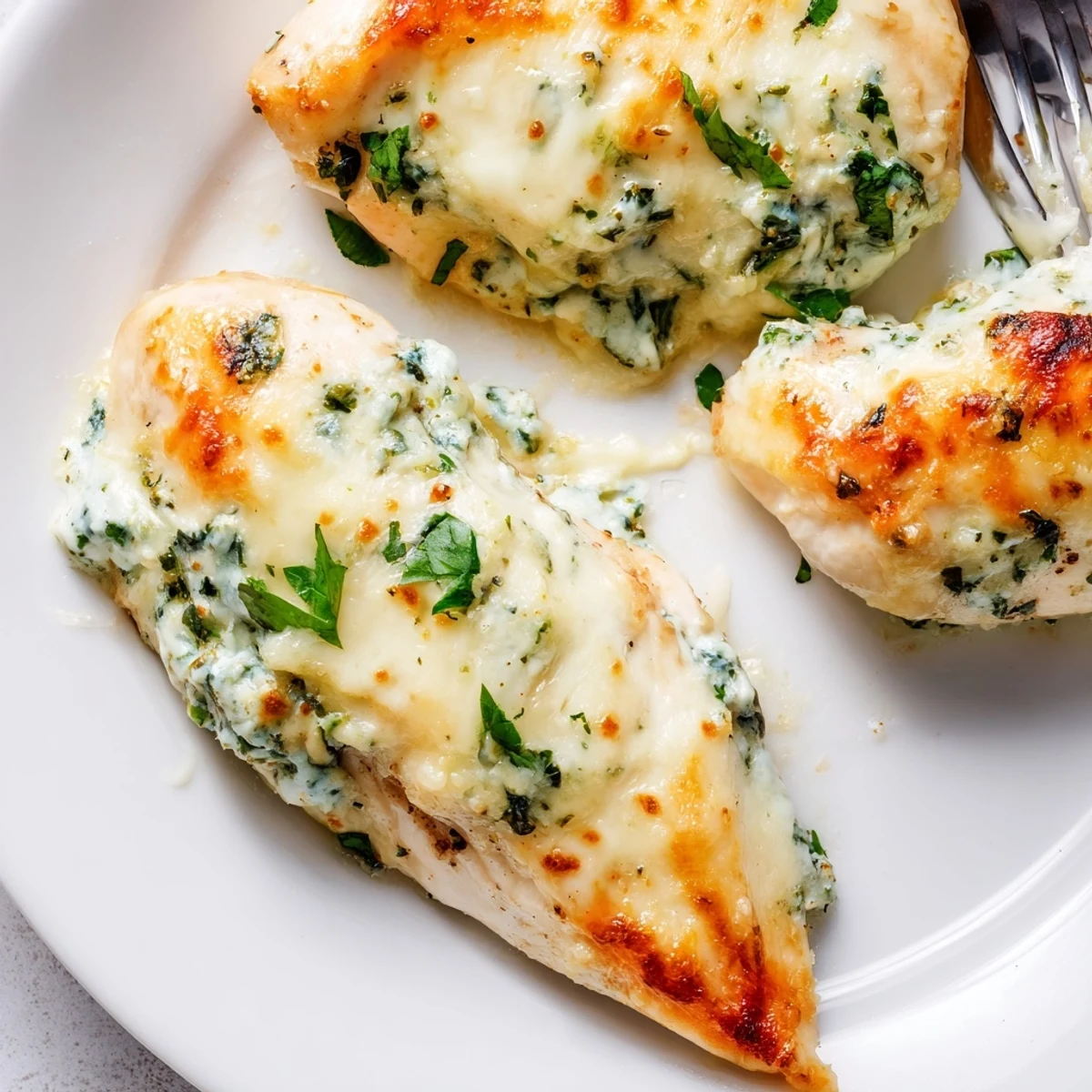 Succulent creamy baked ricotta chicken served hot with golden bubbling herb and cheese topping