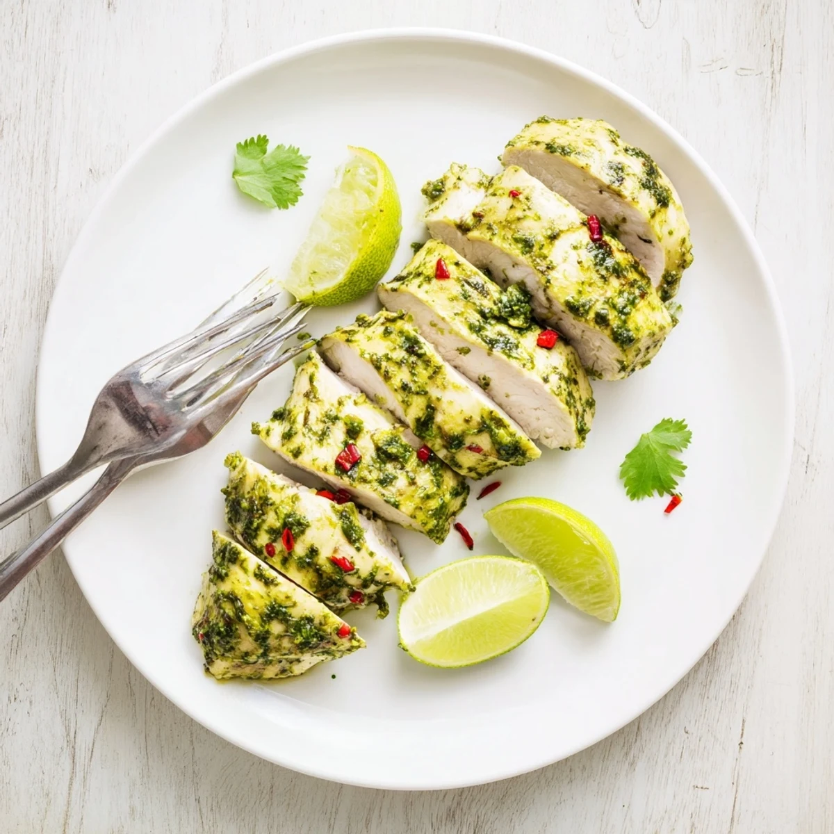 Plate of Mexican-inspired chili lime chicken served with lime wedges and cilantro