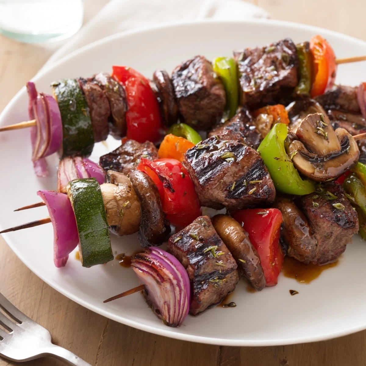 Grilled Steak Kabobs glistening with charred veggies, smoky aroma, ready to serve