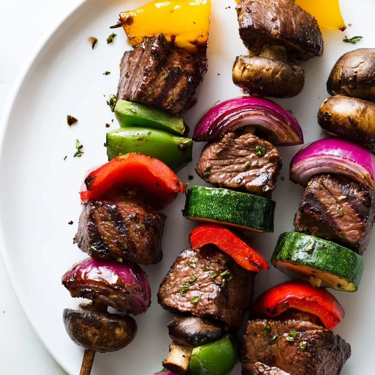 Skewers holding Grilled Steak Kabobs threaded with colorful peppers and juicy mushrooms