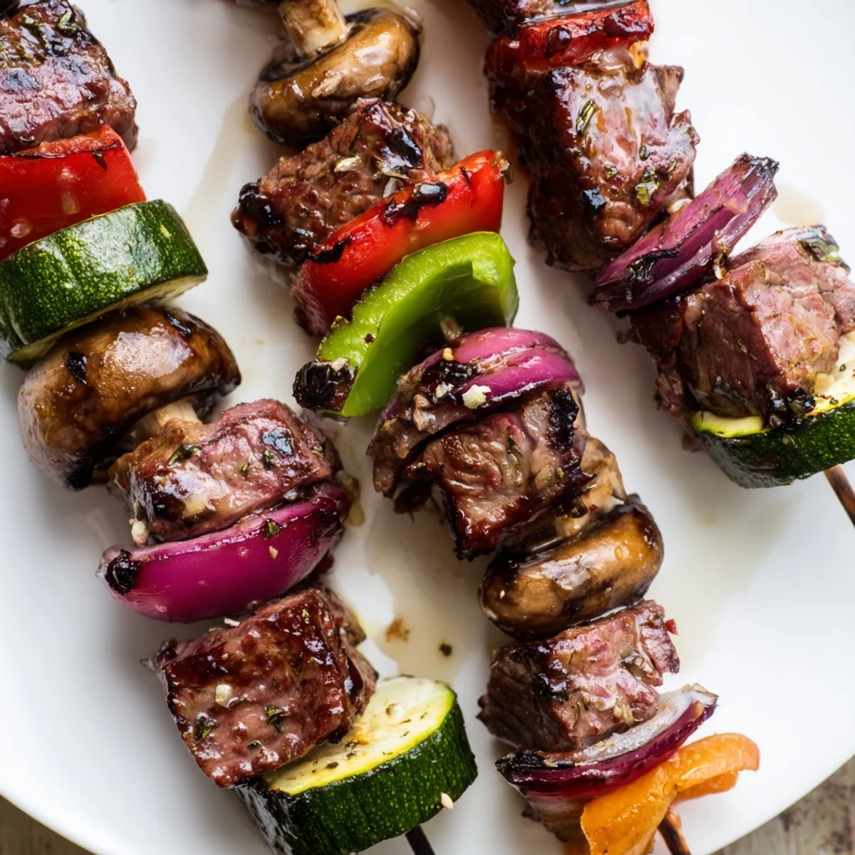 Grilled Steak Kabobs plated with lemon wedges, herbs, and fluffy white rice