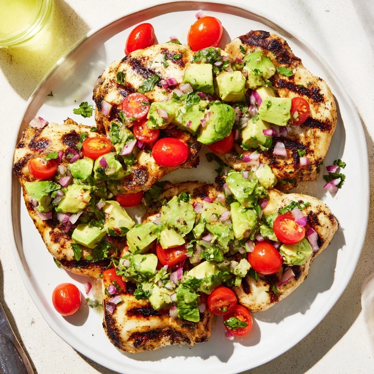 Perfectly seasoned grilled chicken piled high with chunky avocado tomato salsa and sprinkled with cilantro