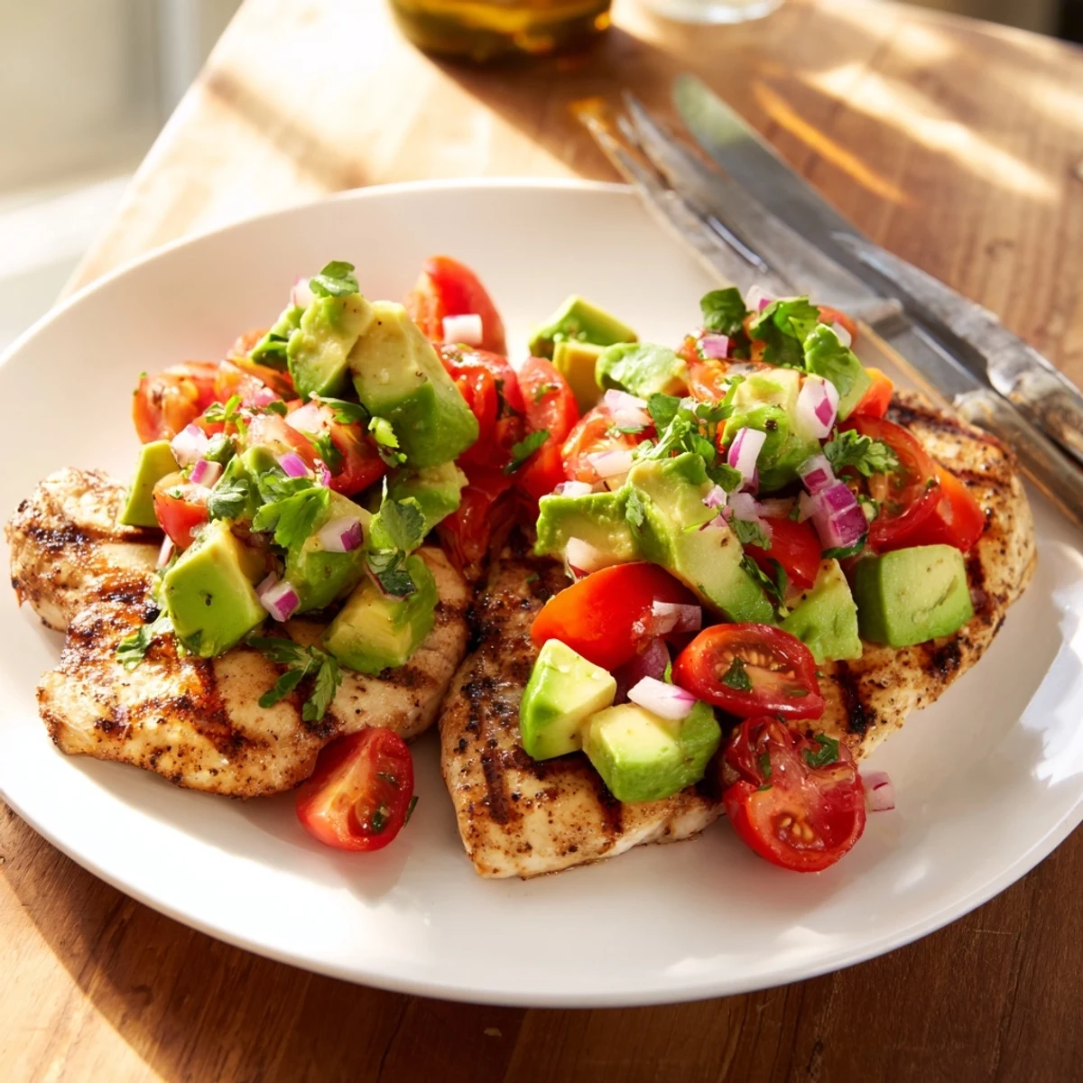 Juicy grilled California avocado chicken resting on a white plate with fresh lime wedges nearby