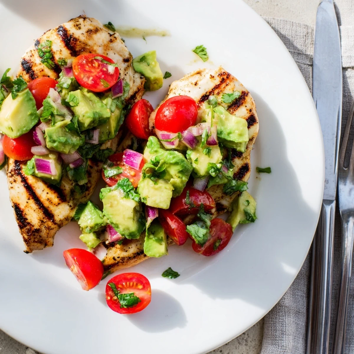 Golden grilled chicken breast topped with creamy diced avocado salsa and bright red cherry tomatoes