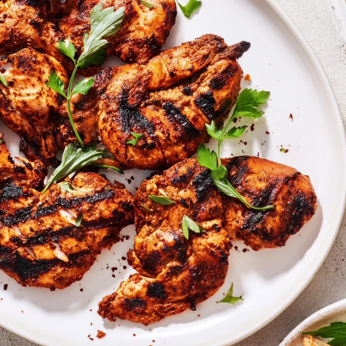 Juicy herb-marinated grilled chicken breast sliced to reveal tender, moist meat inside with lemon wedges