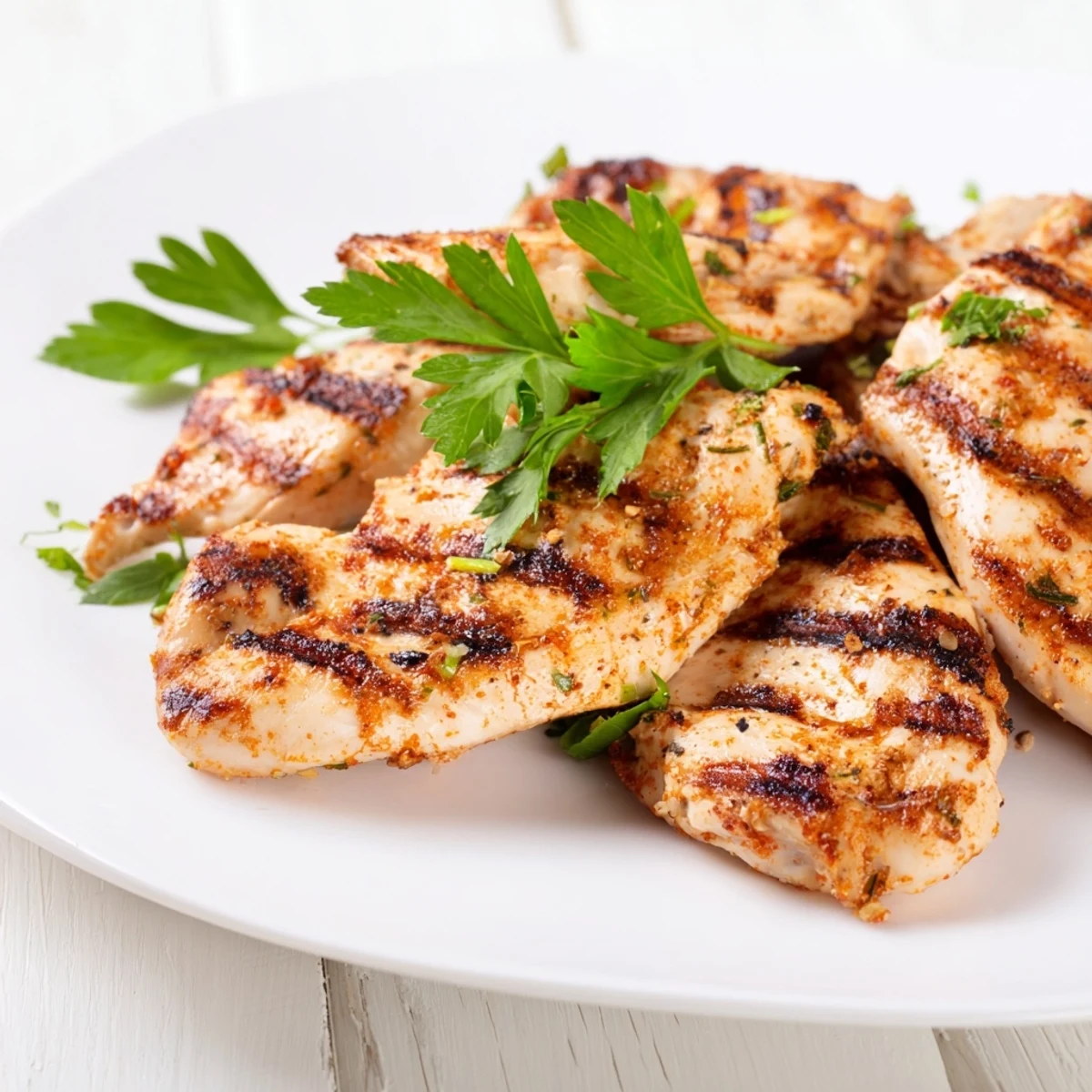 Perfectly grilled chicken breasts with golden char marks and fresh parsley garnish on a white plate