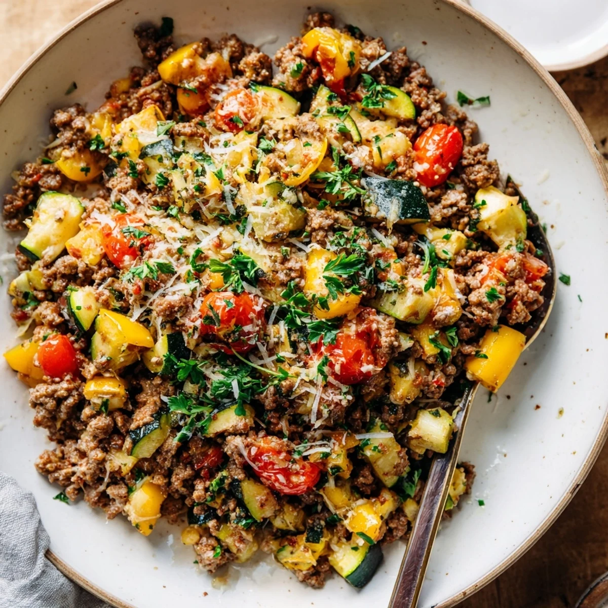 Golden brown ground beef zucchini skillet simmered with colorful vegetables in a cast iron pan