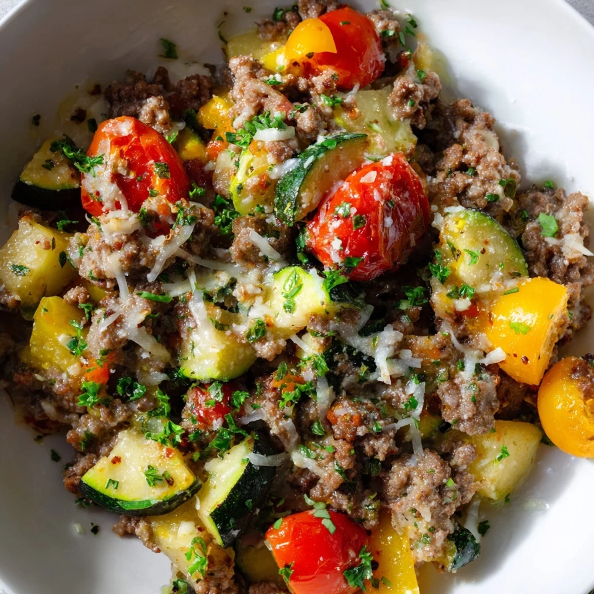 Savory ground beef zucchini skillet topped with melted parmesan and fresh parsley garnish