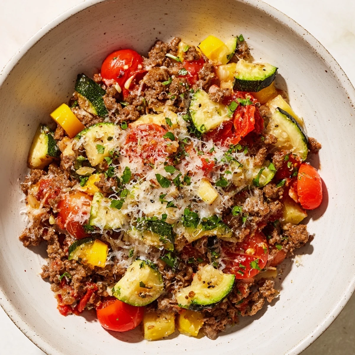One-pan ground beef zucchini skillet featuring tender zucchini chunks, red peppers, and juicy tomatoes