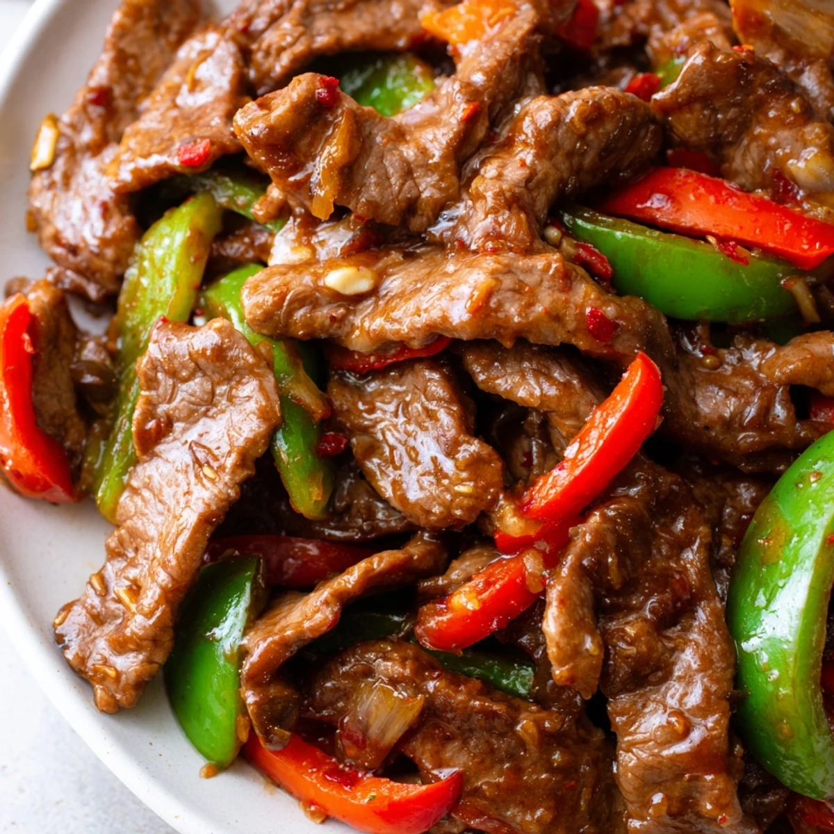 Golden spicy beef stir fry with vibrant bell peppers glistening in chili garlic sauce over steaming white rice