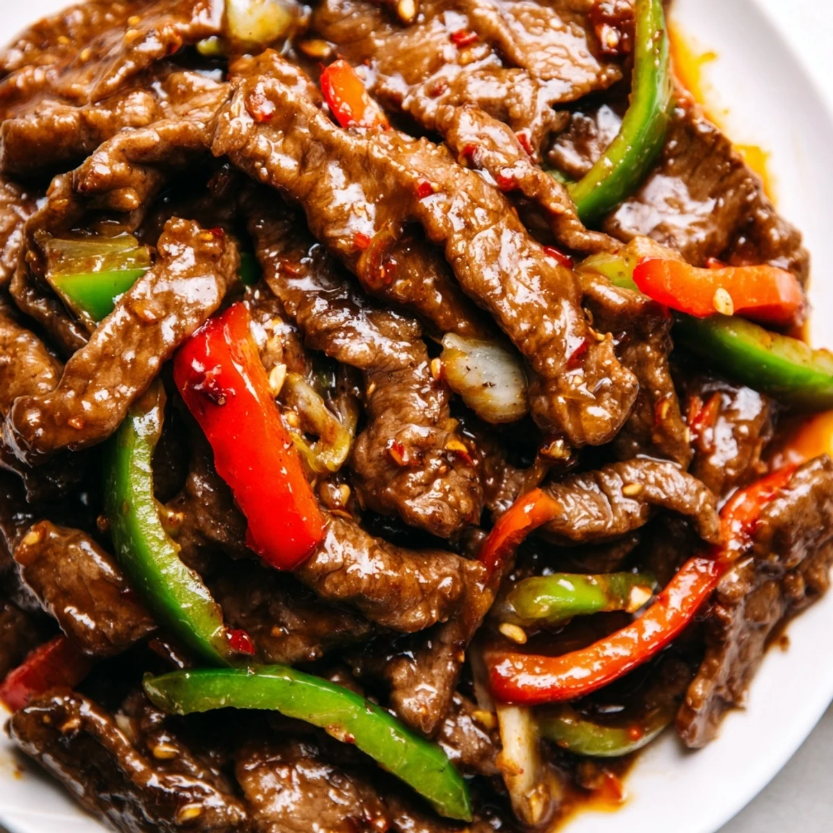 Tender slices of beef wok-seared with crisp colorful vegetables in a fiery aromatic chili garlic glaze