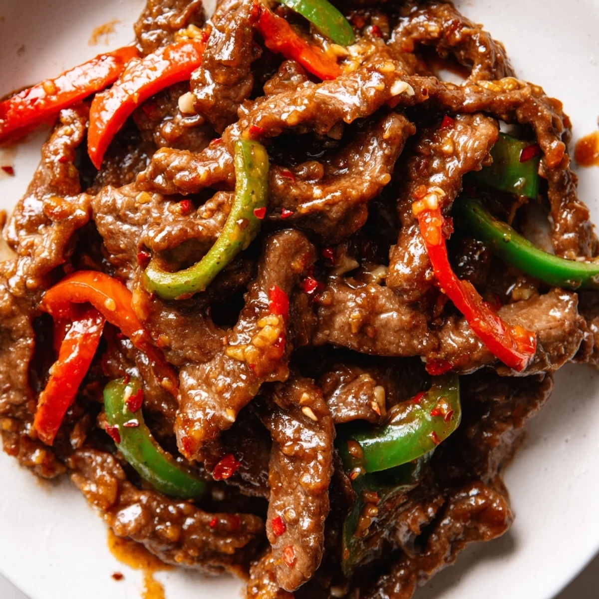 Close-up of spicy beef stir fry showcasing tender meat strips and crunchy peppers coated in rich spicy sauce