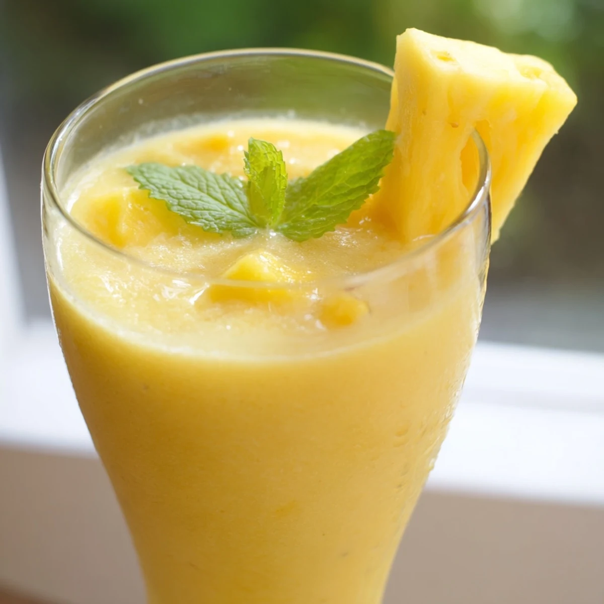 Tropical Pineapple Mango Smoothie Recipe poured into two glasses with fresh mint garnish