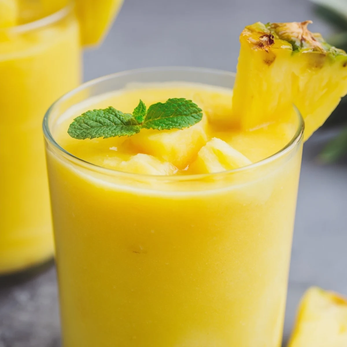 Bright yellow Tropical Pineapple Mango Smoothie Recipe blender pitcher filled with creamy coconut milk