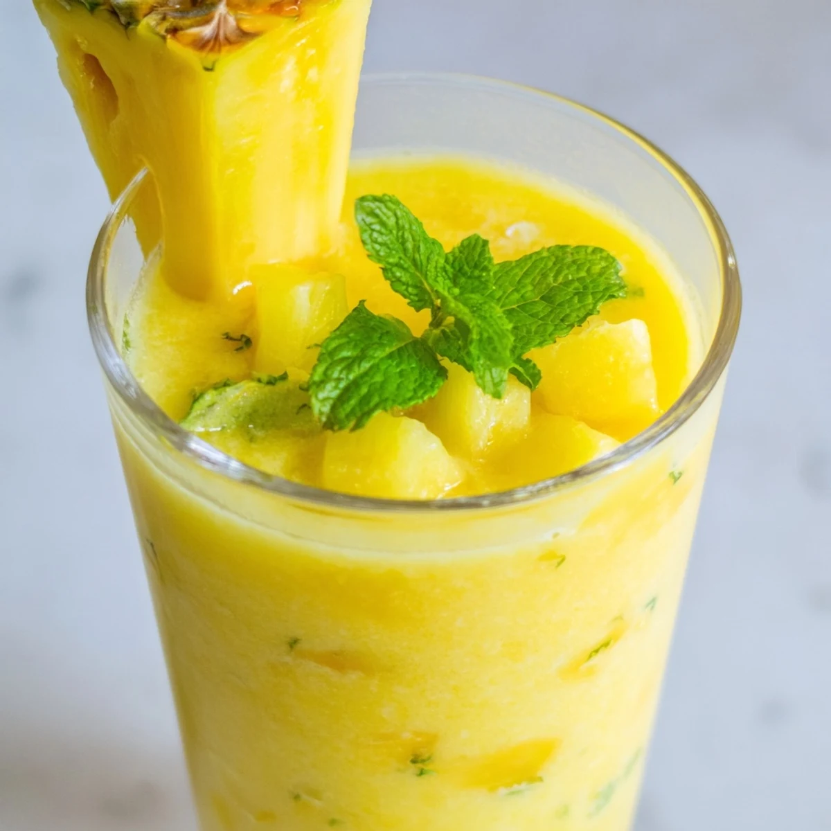 Refreshing Tropical Pineapple Mango Smoothie Recipe served chilled with sliced fruit wedge on glass rim