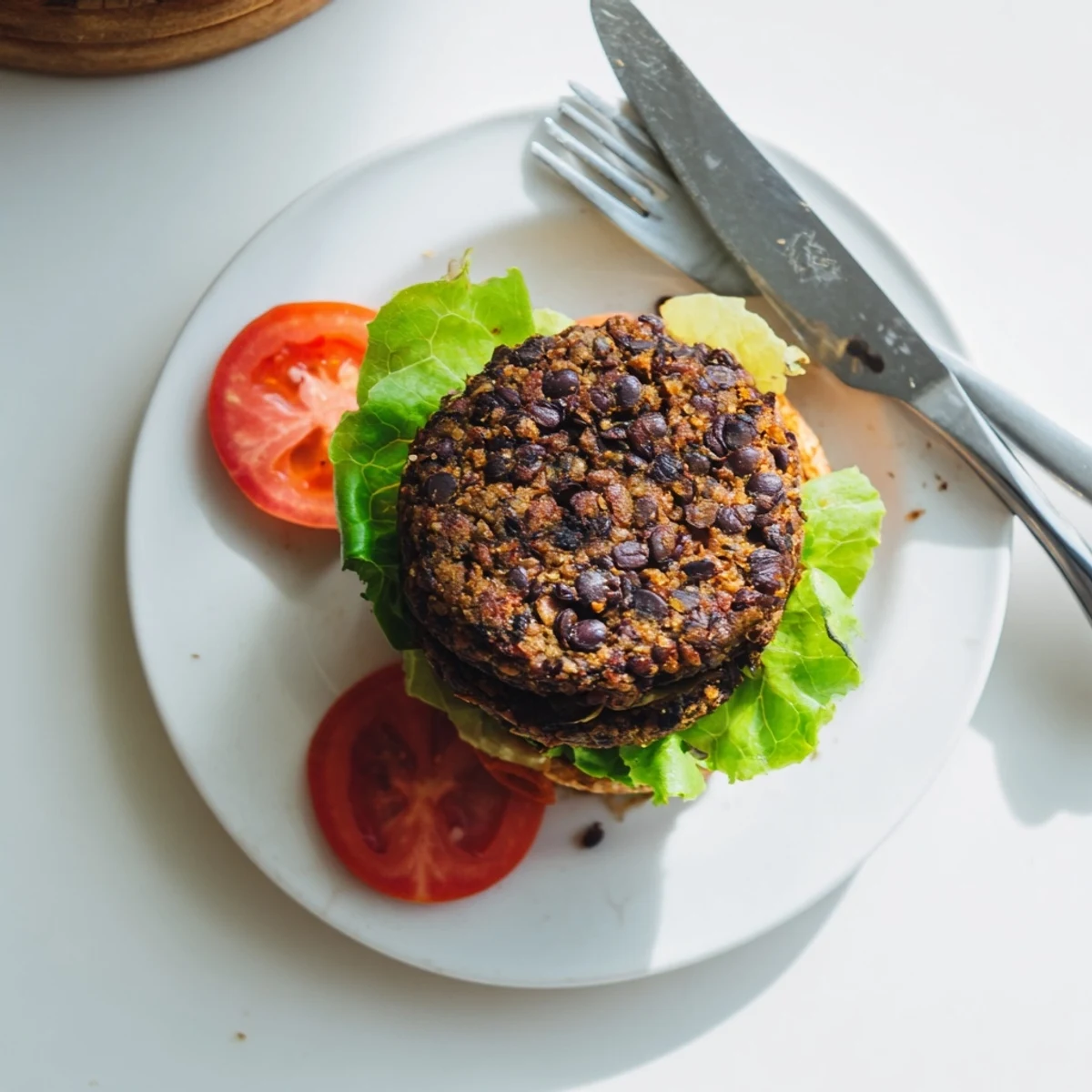 Homemade veggie burger recipe showing mashed black bean mixture shaped into patties ready for cooking on a wooden cutting board