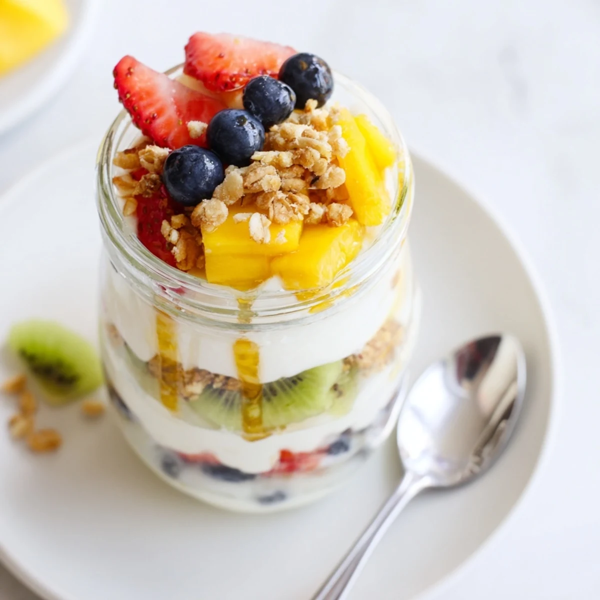 Glass jar displaying layered yogurt parfait recipe with honey, strawberries, blueberries, and granola topping
