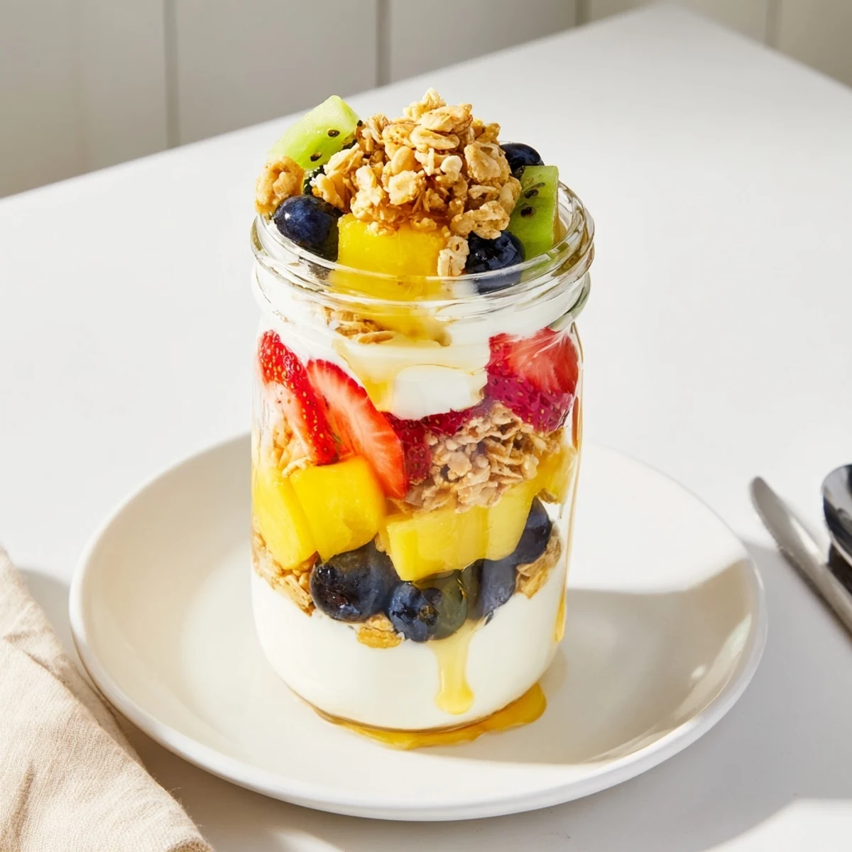 Colorful yogurt parfait recipe with honey drizzled over fresh mango, kiwi, and berries in clear serving glasses