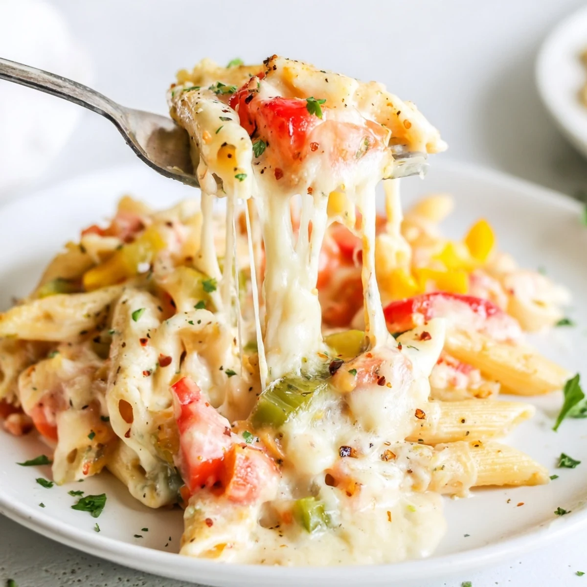 Cheesy Stuffed Pepper Skillet Pasta melting mozzarella, sautéed peppers, steaming in skillet.