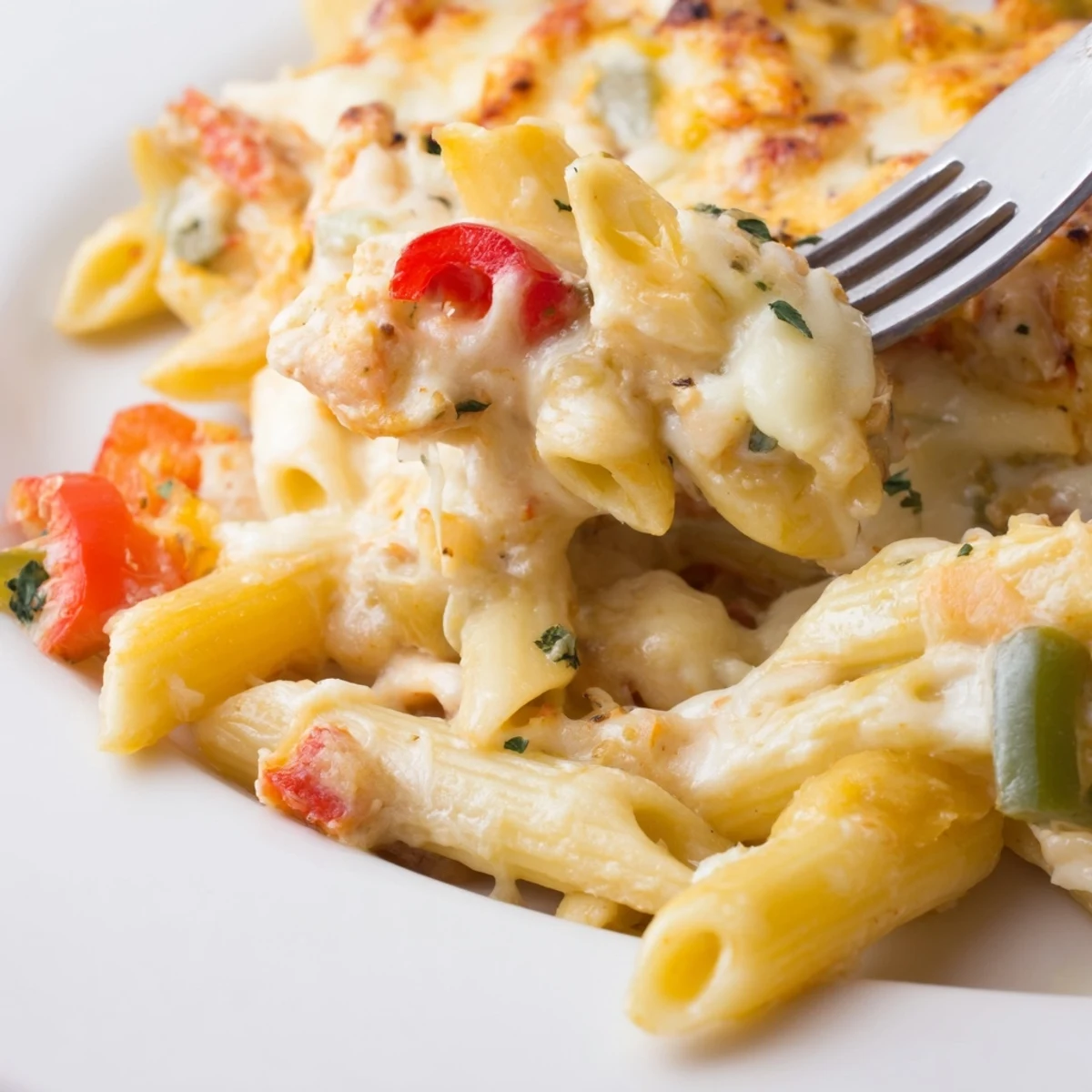 Golden broiled top and creamy sauce on Cheesy Stuffed Pepper Skillet Pasta.