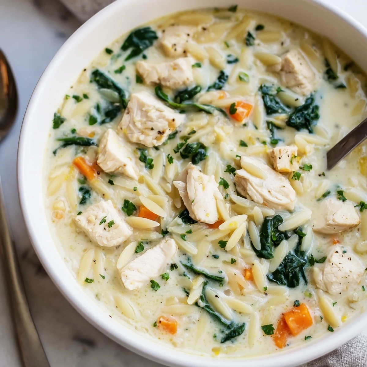 Steamy bowl of Creamy Chicken Florentine Soup With Orzo, tender spinach ribbons.