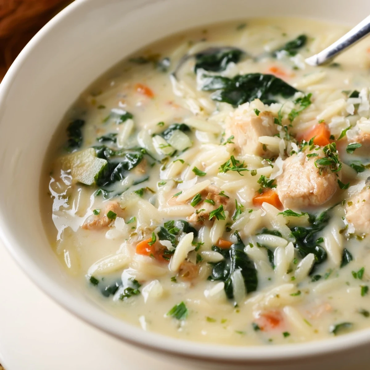 Hearty Creamy Chicken Florentine Soup With Orzo garnished with parsley, velvety broth.