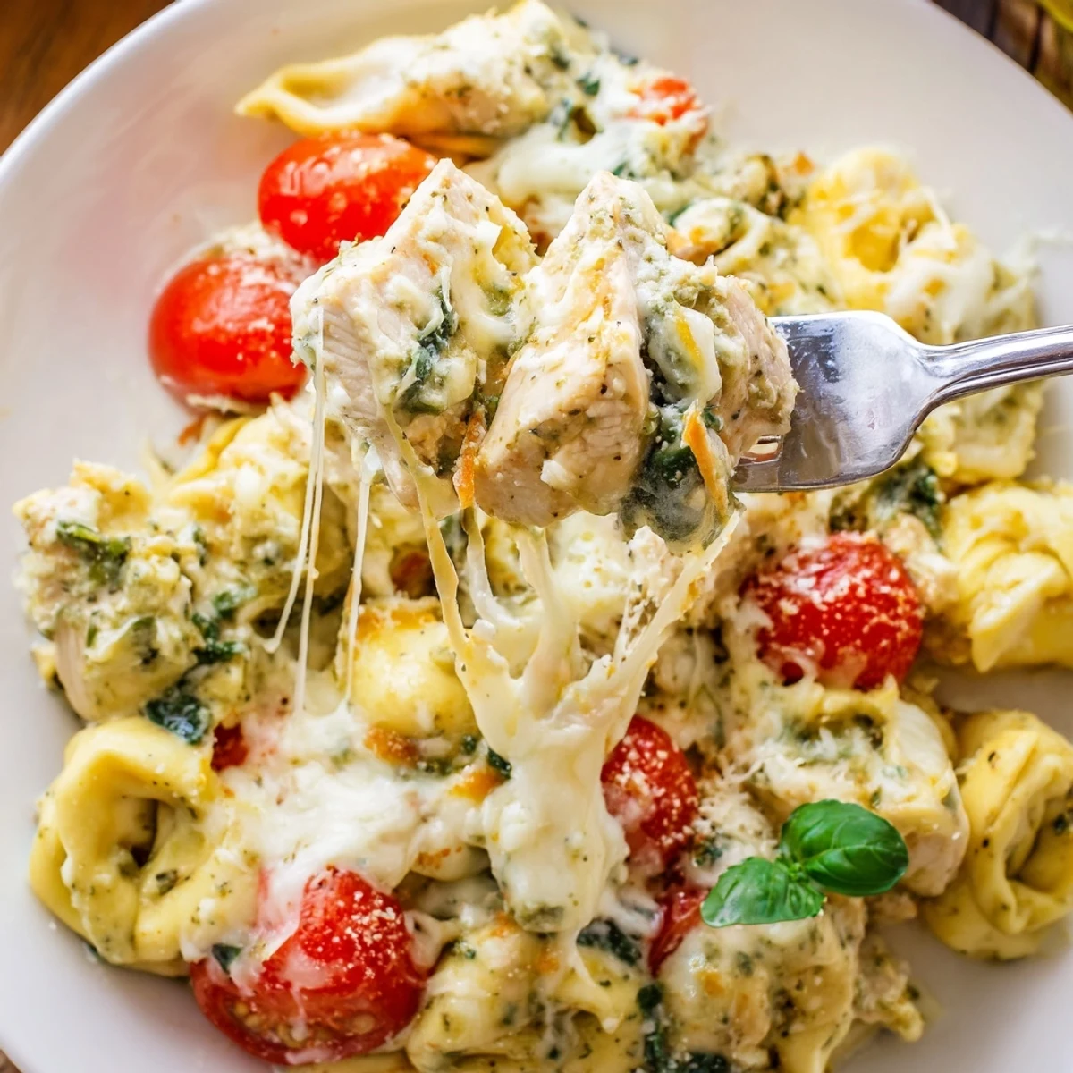 Slow Cooker Tortellini Casserole With Cheesy Chicken Pesto bubbling, creamy, topped with melted mozzarella