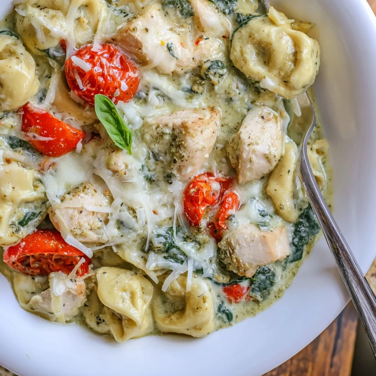 Creamy basil aroma and tortellini in Slow Cooker Tortellini Casserole With Cheesy Chicken Pesto
