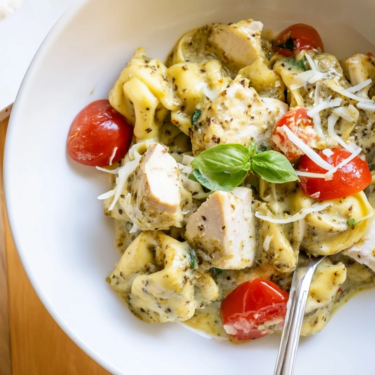Family style Slow Cooker Tortellini Casserole With Cheesy Chicken Pesto served with crusty bread