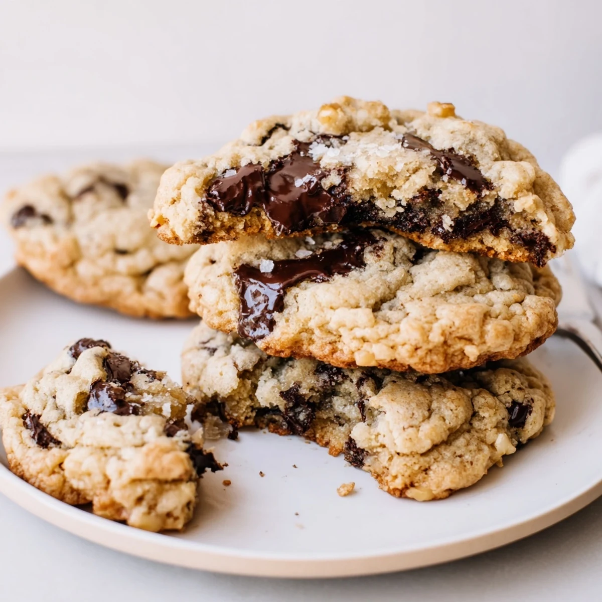Plate of Chocolate Chip Cookies stacked on counter, sprinkled with sea salt