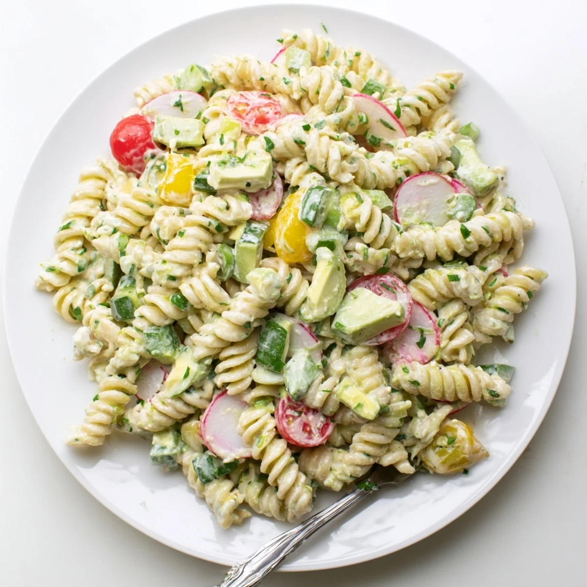 Creamy Green Goddess Pasta Salad with bright herbs, crunchy snap peas.