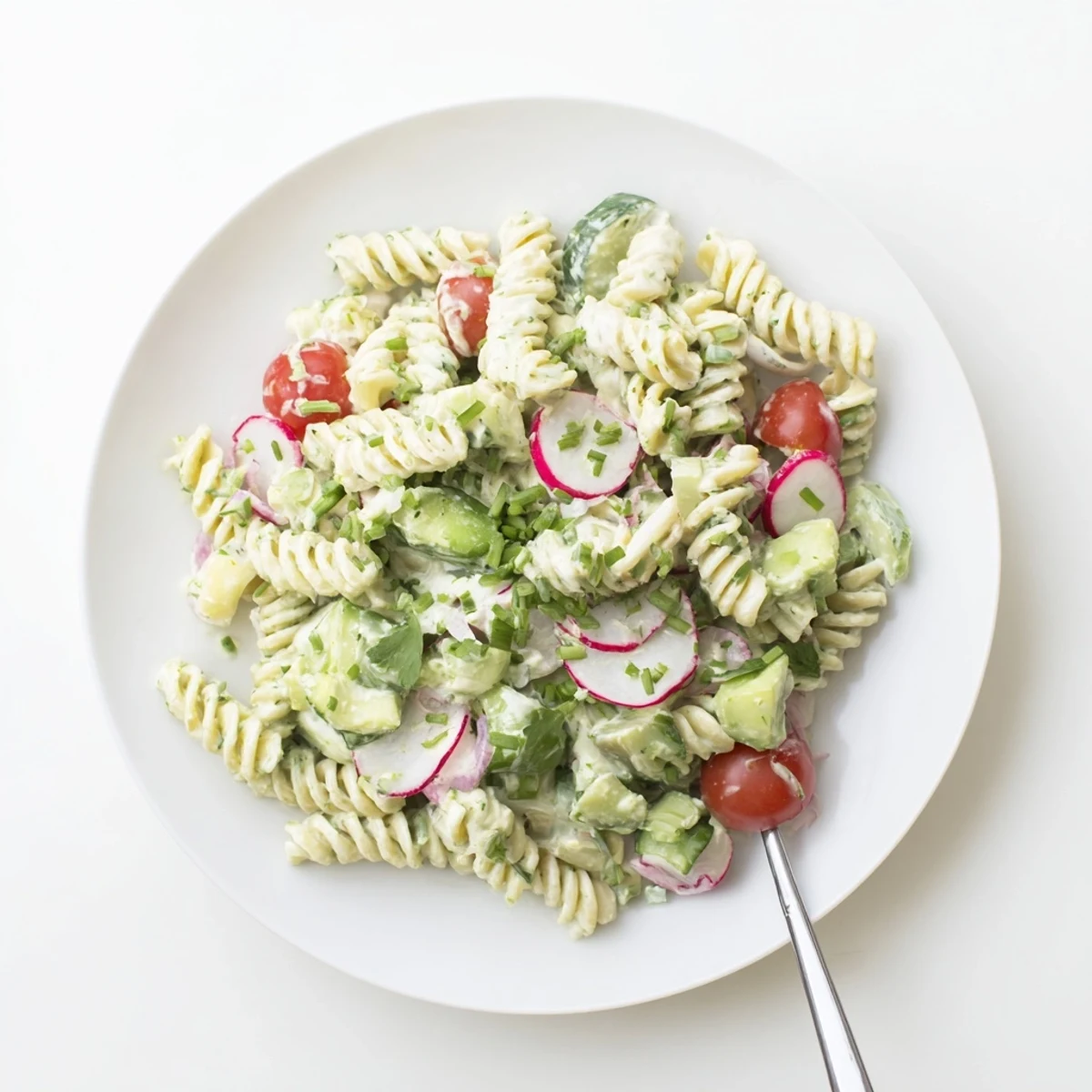 Herby Green Goddess Pasta Salad drizzled with lemony dressing and fresh parsley.