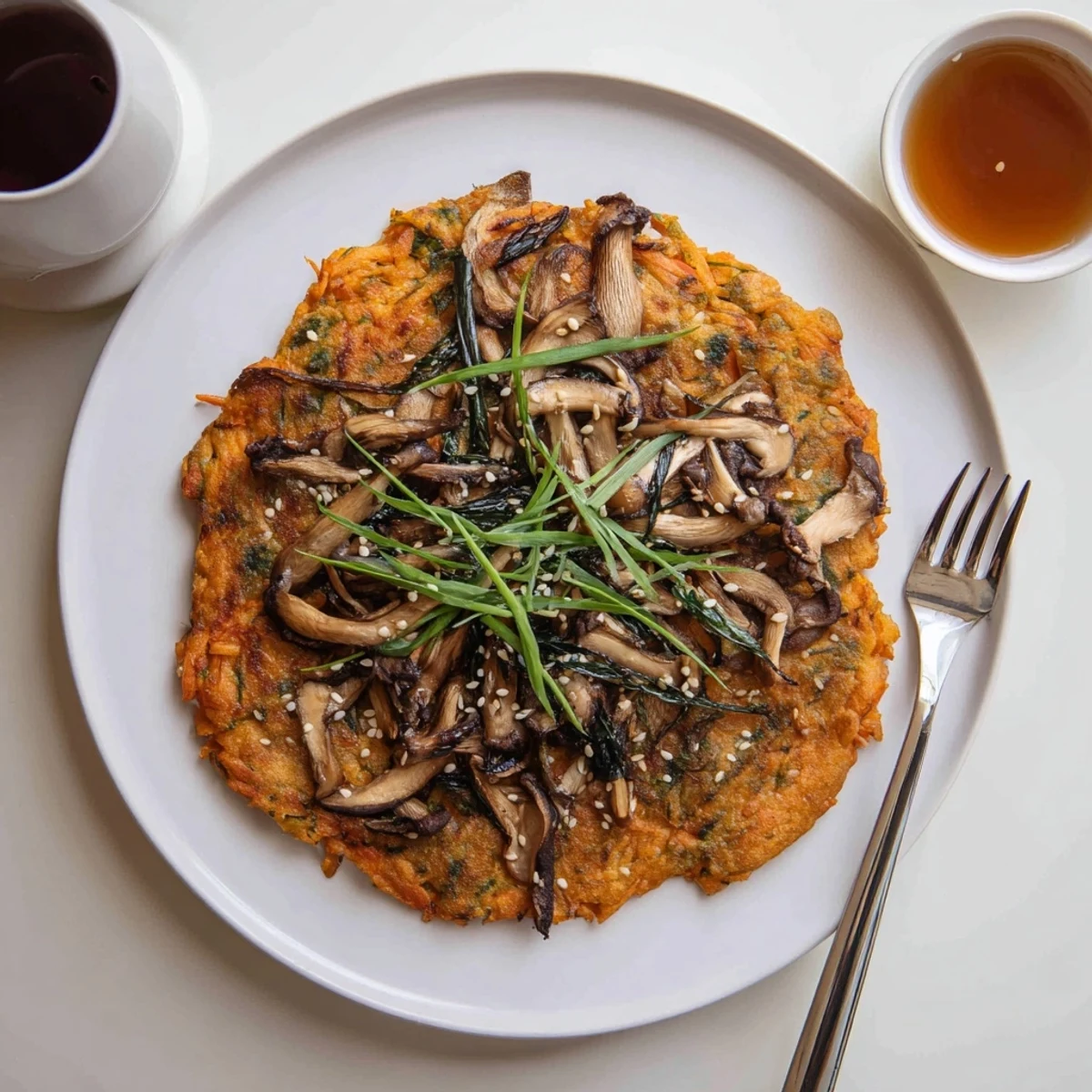 Vegan Kimchi Pancake With Tamari Mushrooms, crispy edges and savory umami topping