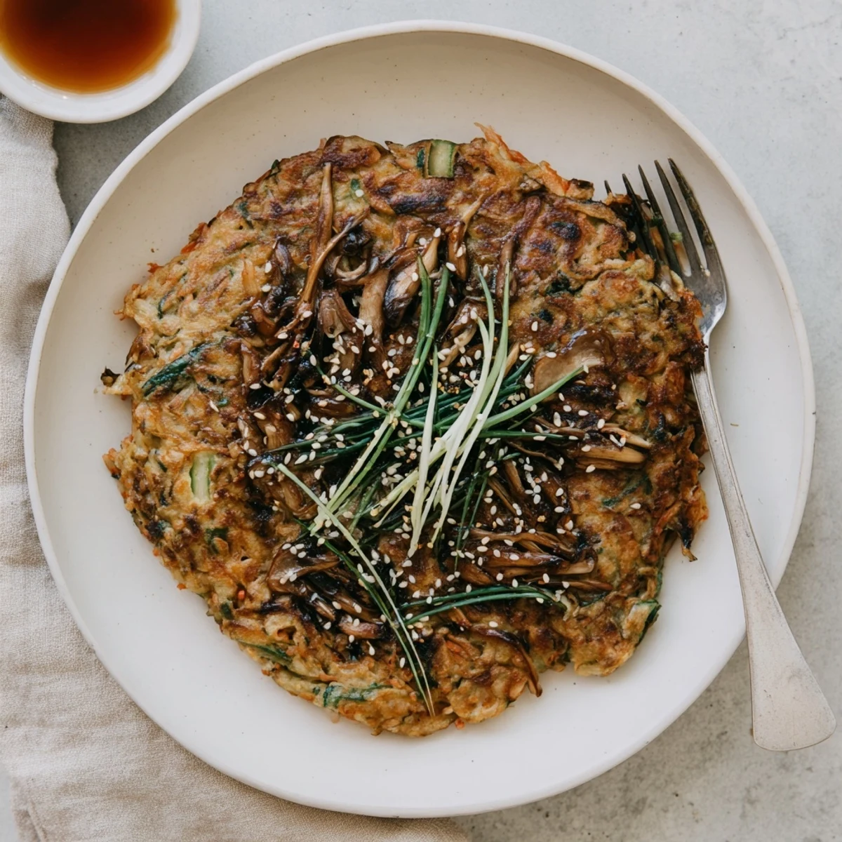 Crisp skillet served Vegan Kimchi Pancake With Tamari Mushrooms, scallions and dipping sauce