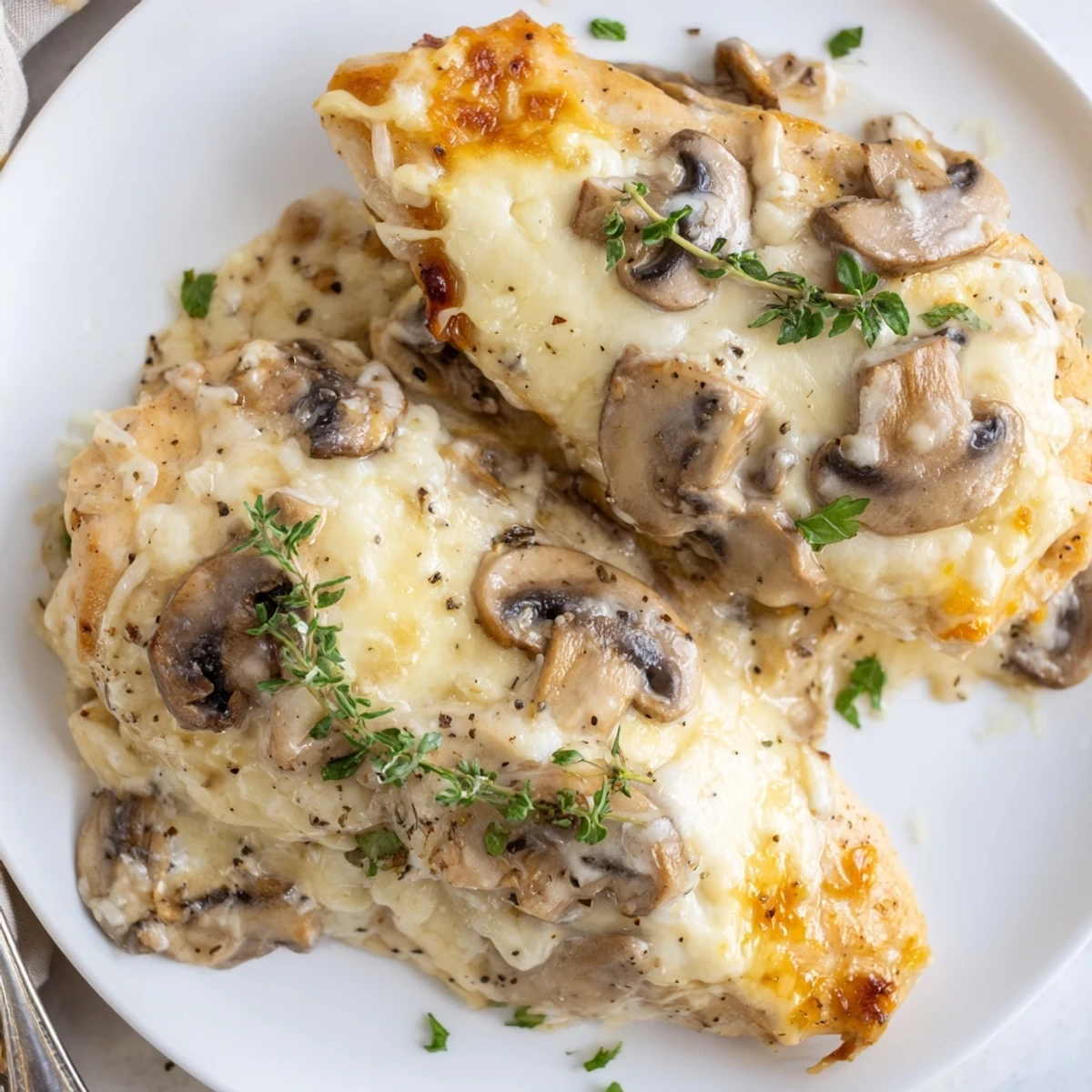 Cheesy Chicken Mushroom Bake with bubbly golden cheese, creamy sauce and parsley  