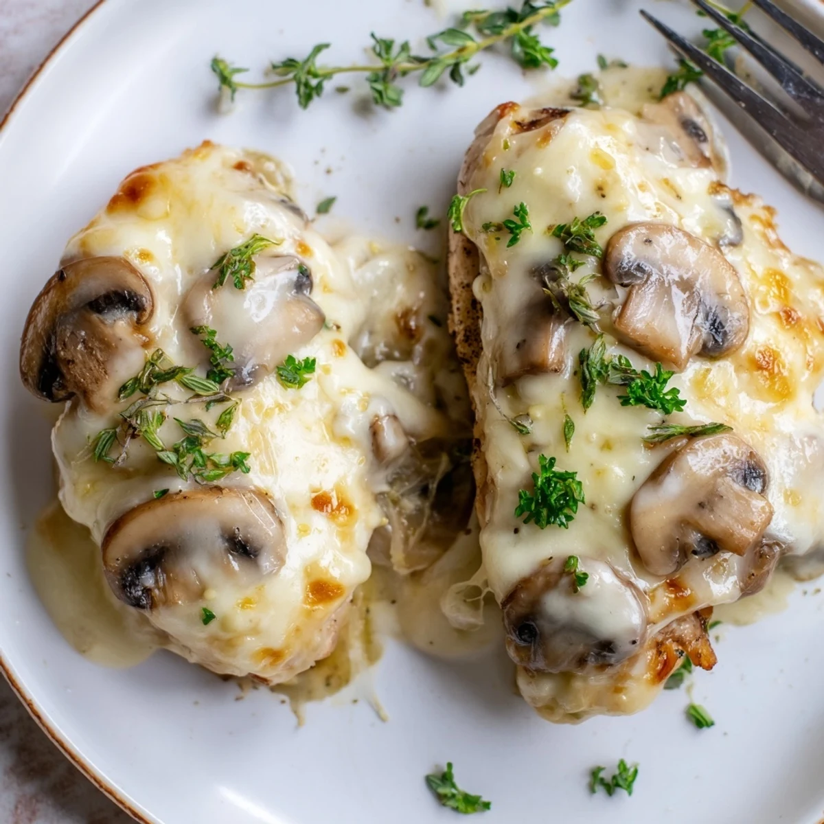 Sliced Cheesy Chicken Mushroom Bake showing tender chicken, sauteed mushrooms, melted cheese