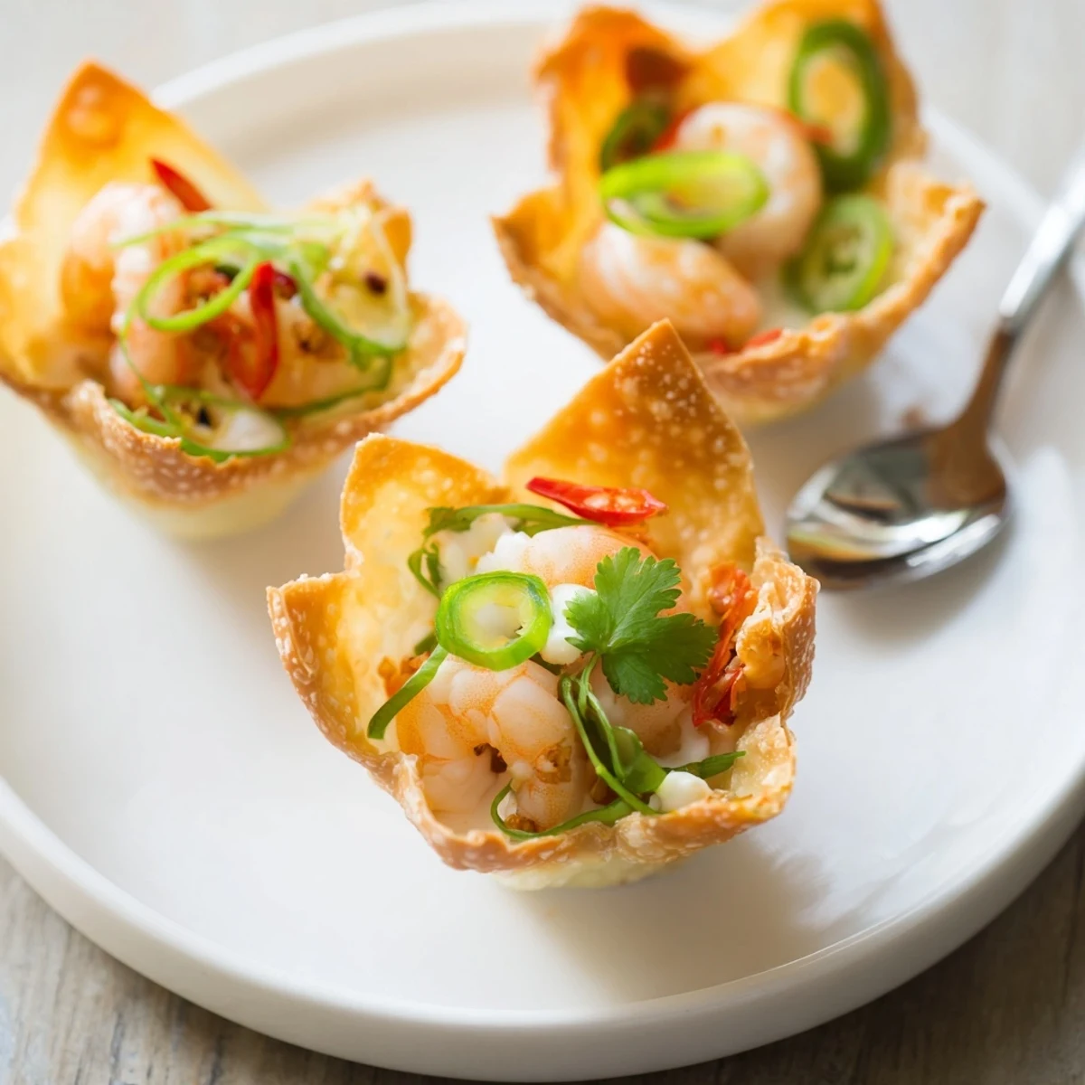 A close-up of Crispy Shrimp Wonton Cups With Lime Cream, creamy zesty topping  