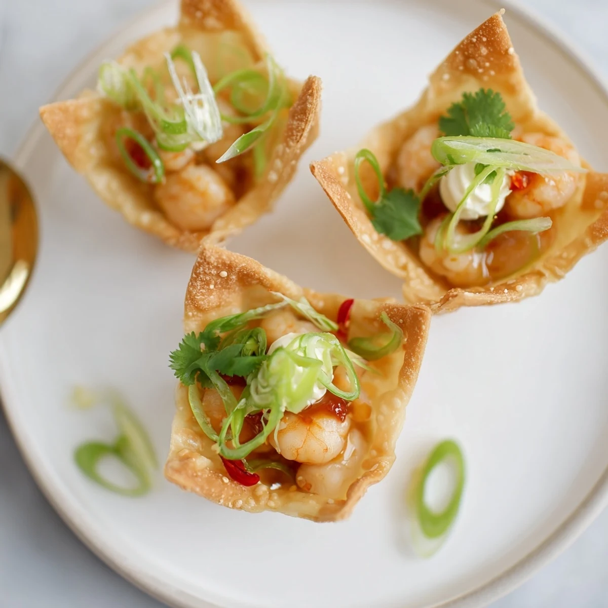 Crispy Shrimp Wonton Cups With Lime Cream on a wooden serving board  