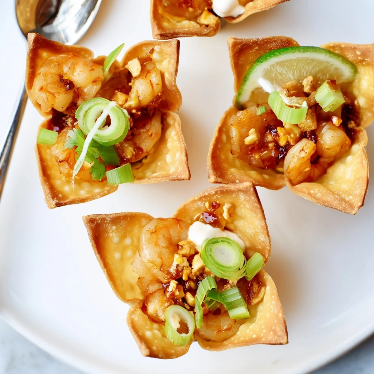 Party ready Crispy Shrimp Wonton Cups With Lime Cream garnished with cilantro
