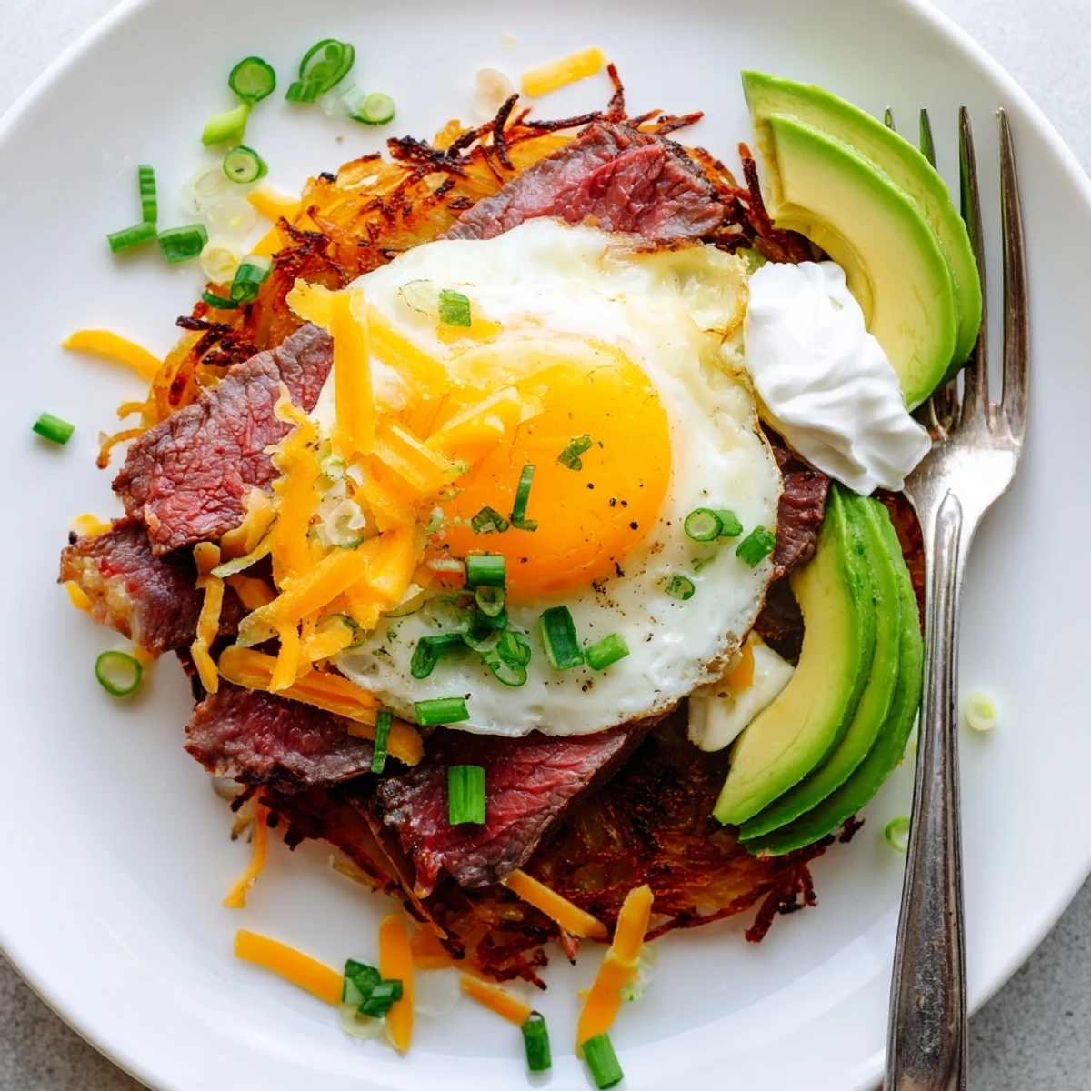 Weekend brunch Loaded Steak Egg Hash Brown Stacks with sunny side eggs