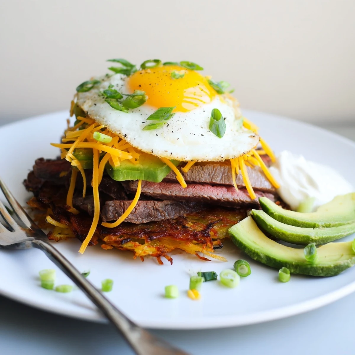 Crispy Loaded Steak Egg Hash Brown Stacks steaming on plate, chives garnish