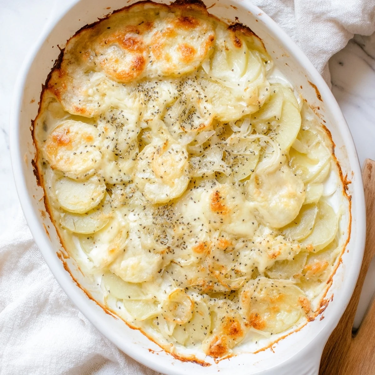 Golden brown Nigella potato gratin with bubbling Gruyère cheese and aromatic nigella seeds