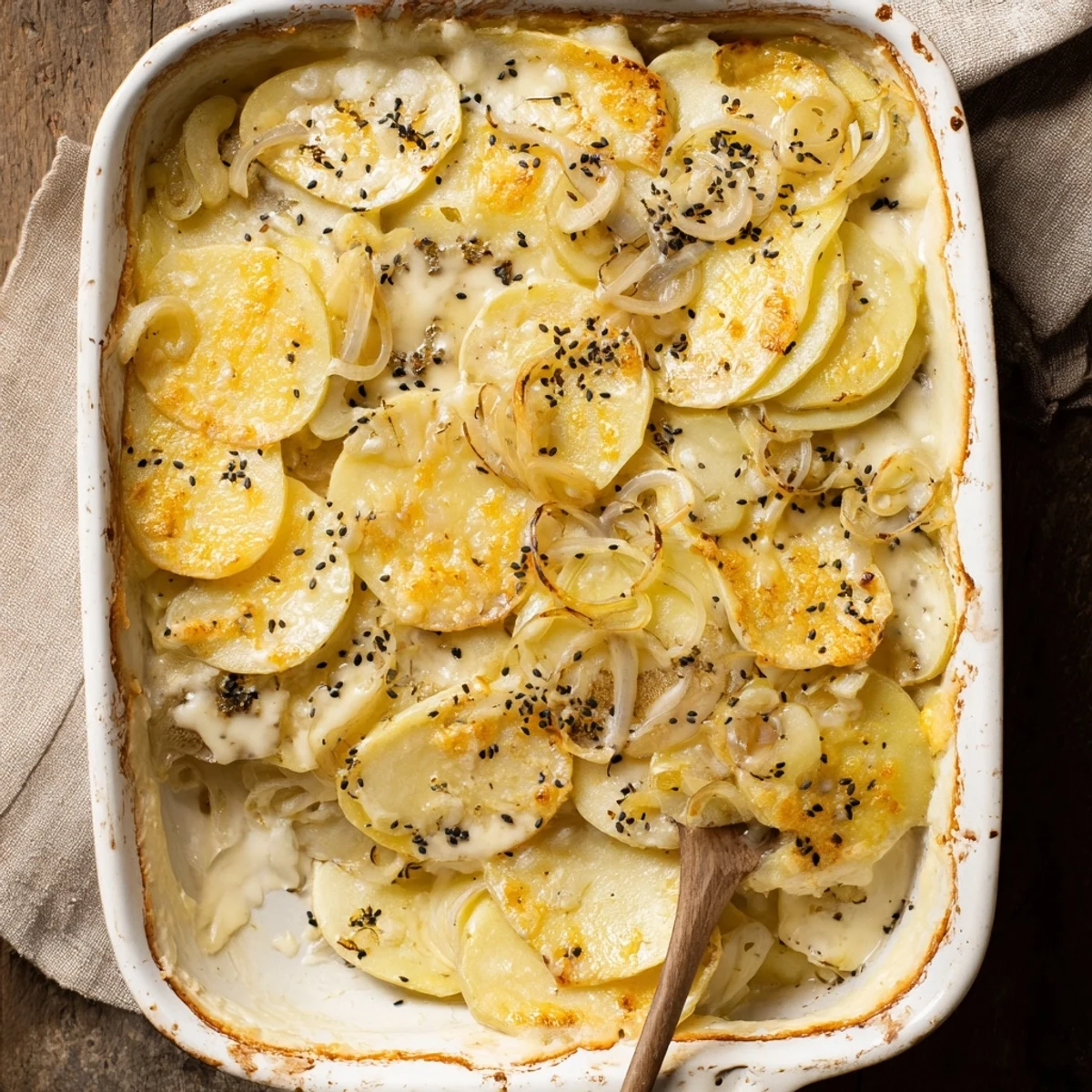 Creamy layered potato gratin sprinkled with black nigella seeds and melted cheese topping