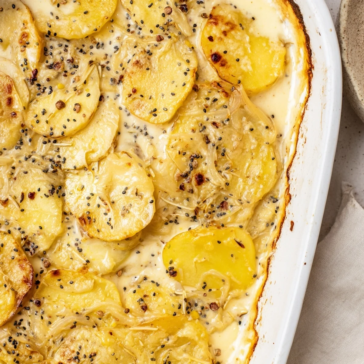 Oven-baked Nigella potato gratin featuring tender sliced potatoes in rich cream with golden crust