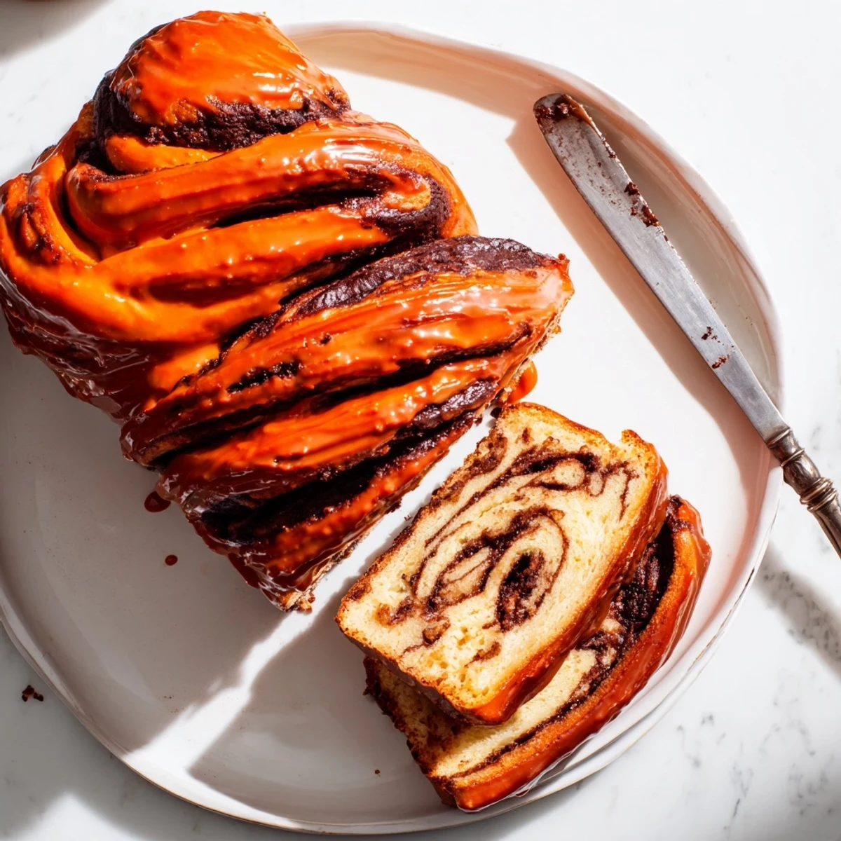 Golden orange glazed chocolate babka loaf swirled with rich dark chocolate filling