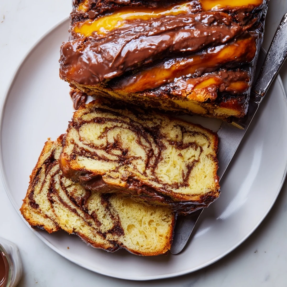 Freshly baked chocolate babka drizzled with glossy orange glaze on a serving plate